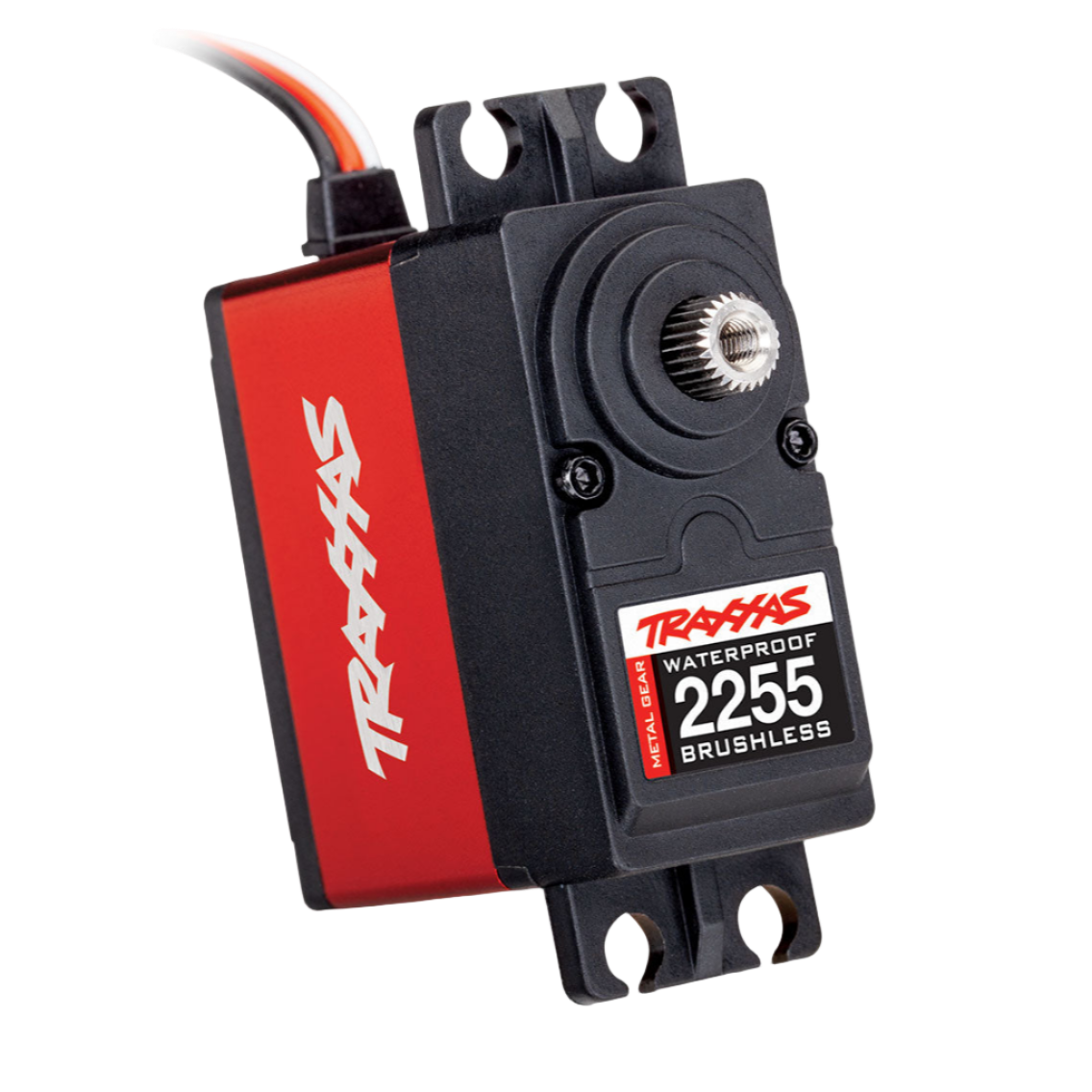 A red and black Traxxas high-torque brushless servo, model 2255, designed for remote control vehicles.