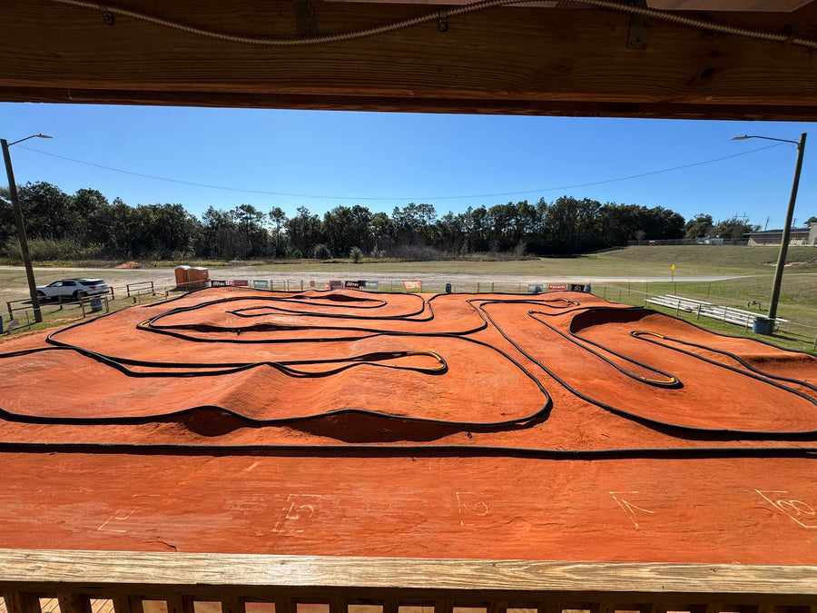 The clay layout at B&T RC Raceway seen from the drivers stand