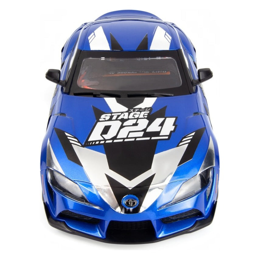 HPI Stage-D24 2024 Toyota GR Supra in Metallic Dawn Blue with drift decals, top view