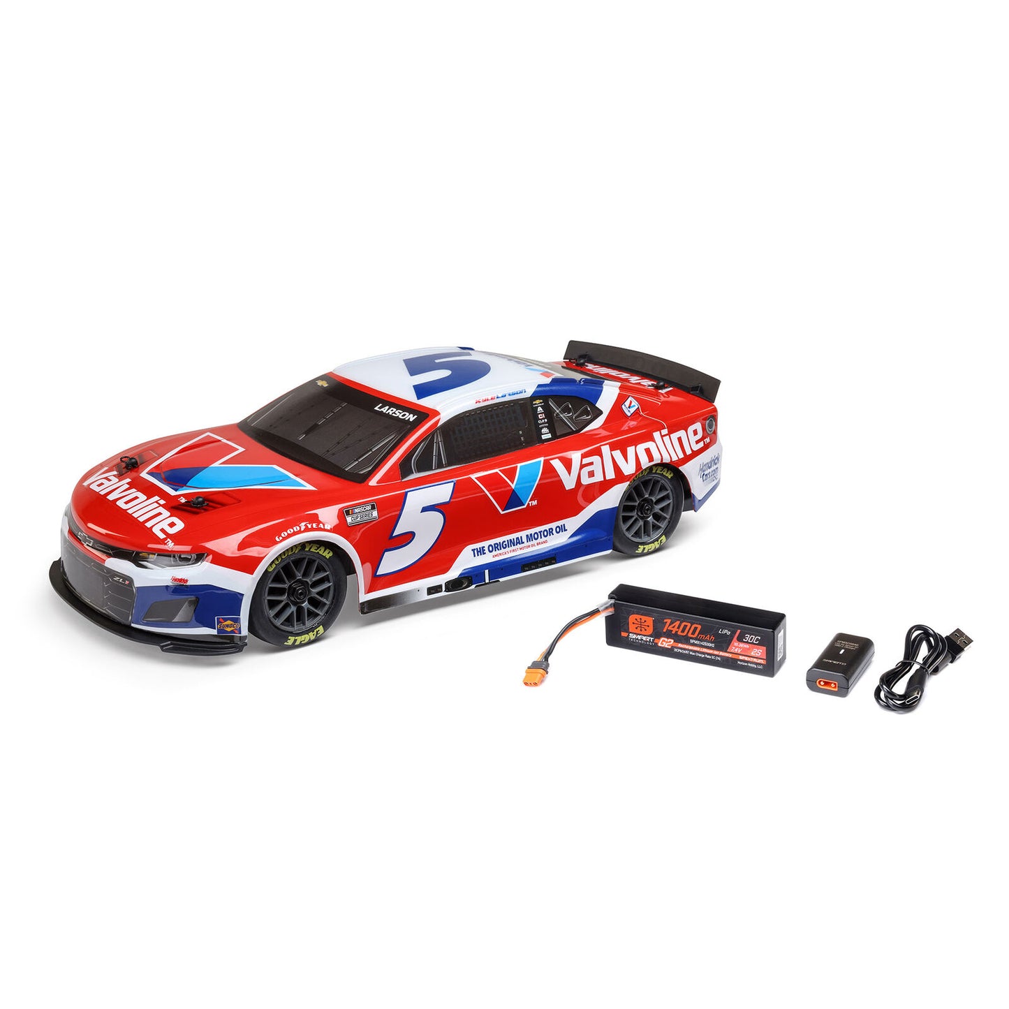 Losi Nascar - Kyle Larson No. 5 2025 Valvoline Chevrolet Camaro ZL1 2S AWD RTR Brushed On-Road (Battery & Charger Included), Red