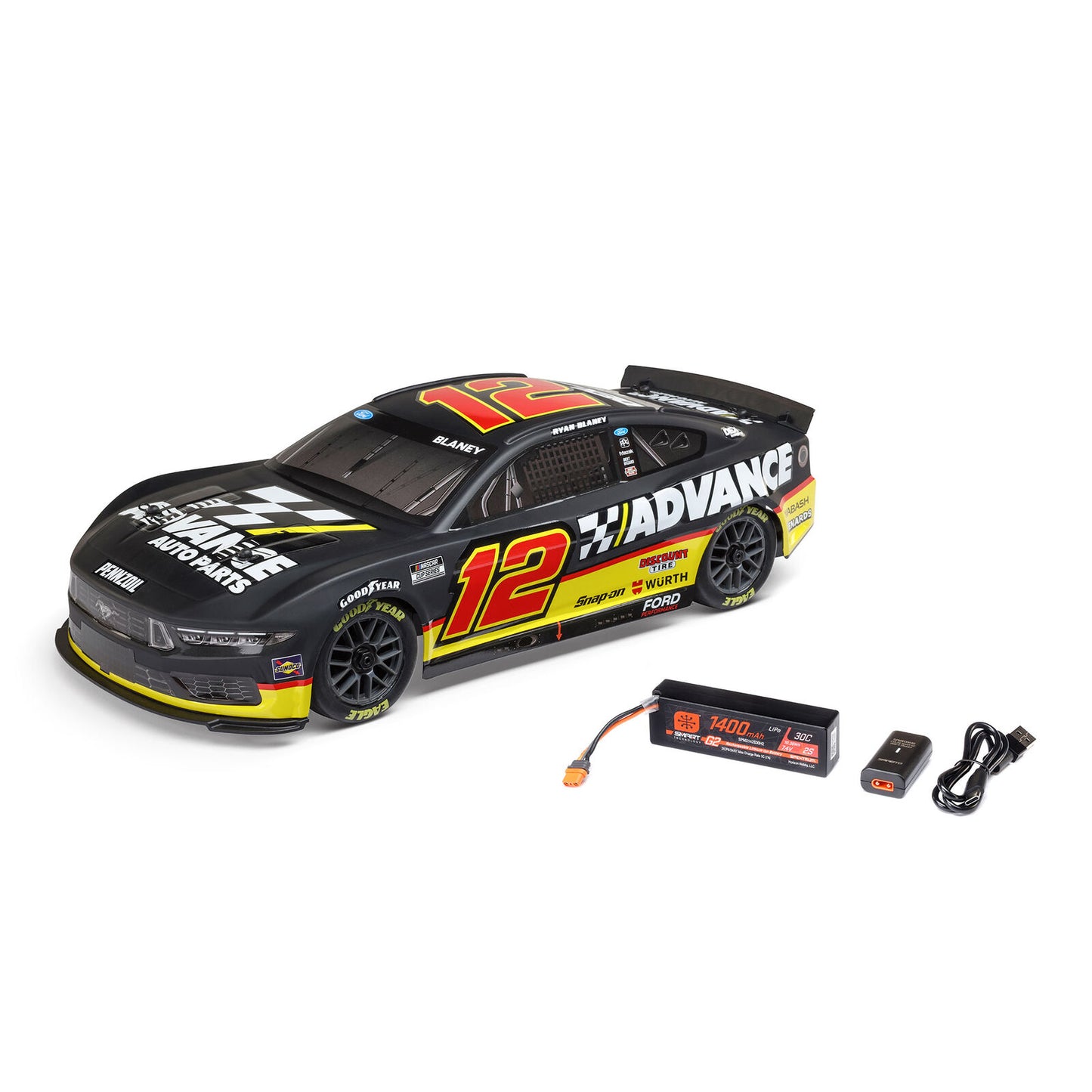 Losi Nascar - Ryan Blaney No. 12 2025 Advance Auto Ford Mustang 2S AWD RTR Brushed On-Road (Battery & Charger included, Black
