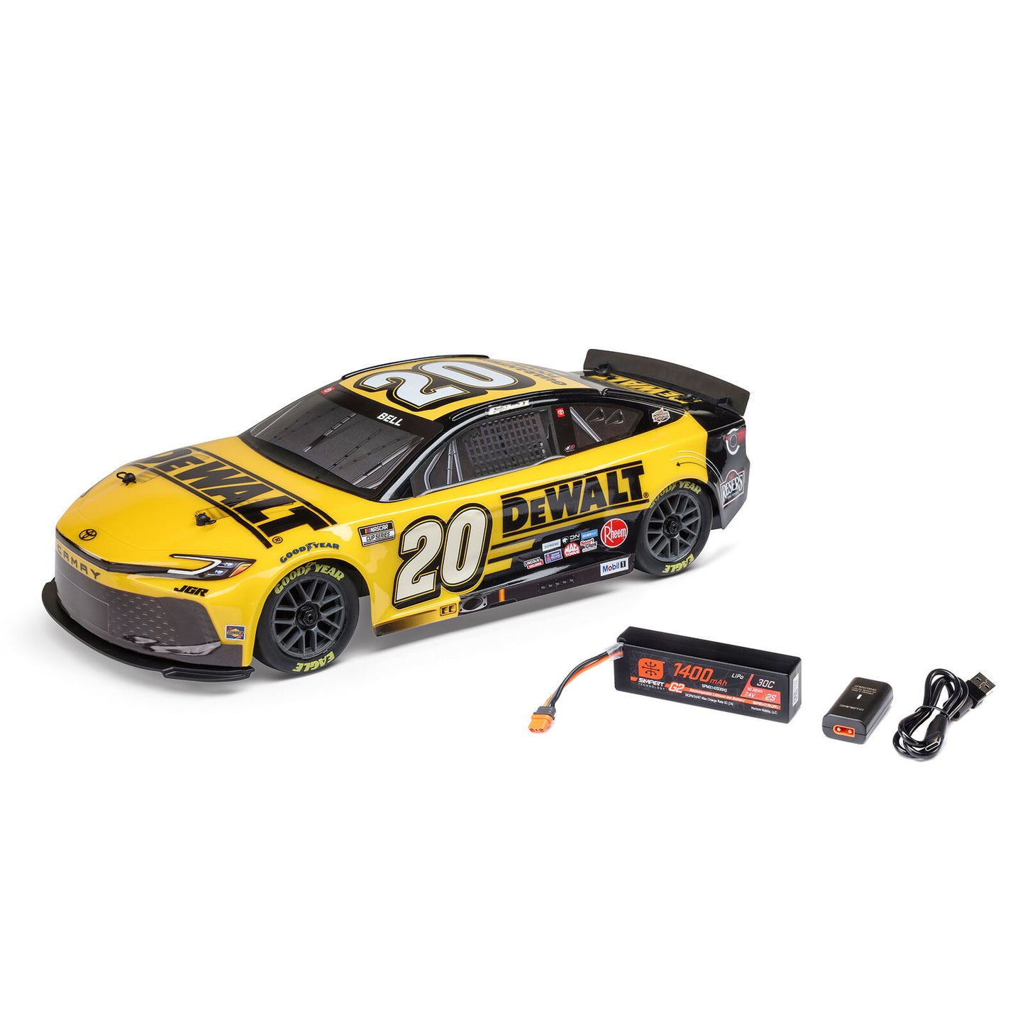 Losi Nascar - Christopher Bell® #20® 2025 DEWALT Toyota Camry XSE 2S AWD RTR Brushed On-Road (Battery & Charger Included), Yellow