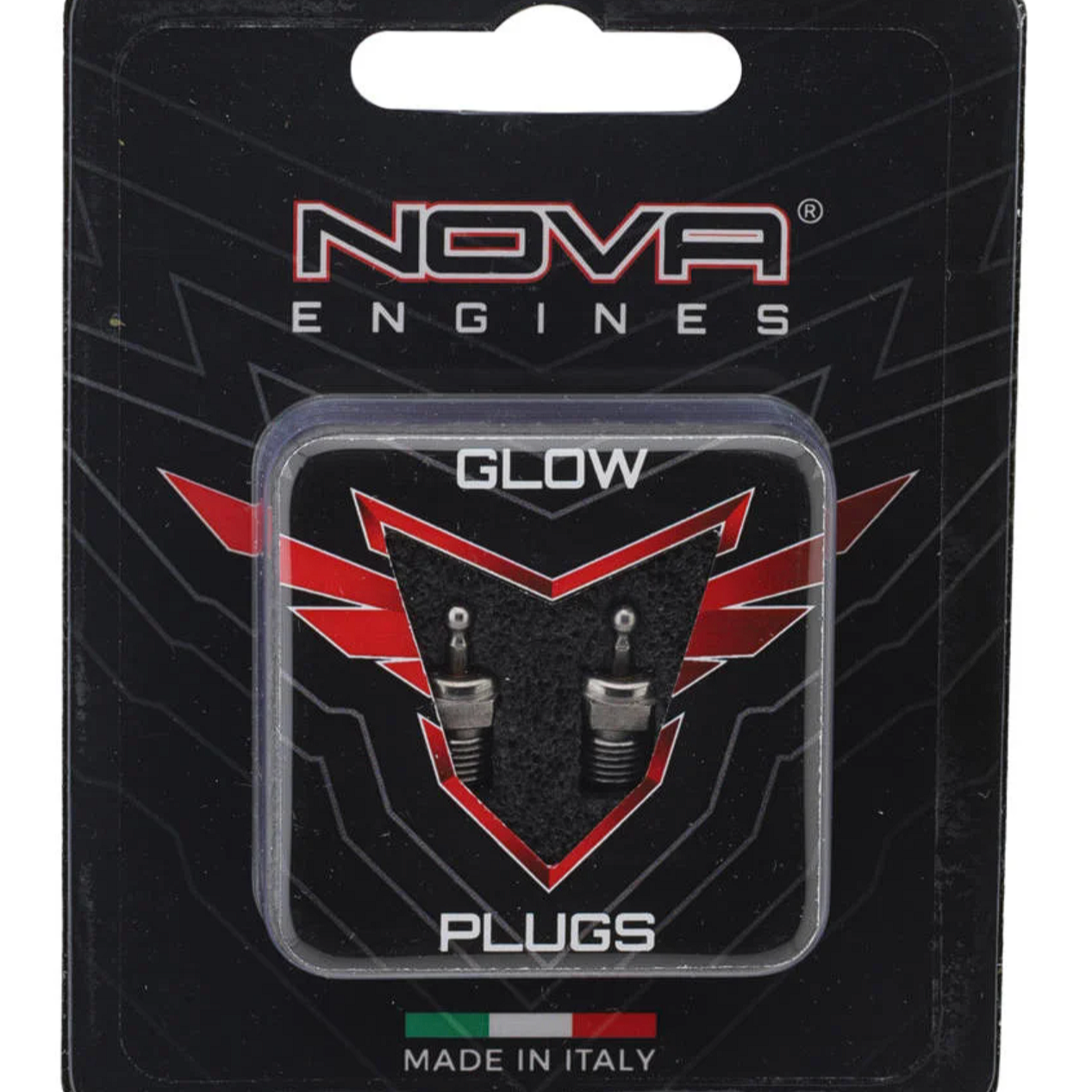 Packaging of Nova Engines No.4 Turbo Off-Road Glow Plugs, containing two glow plugs made in Italy, displayed on a black background with red and silver accents.