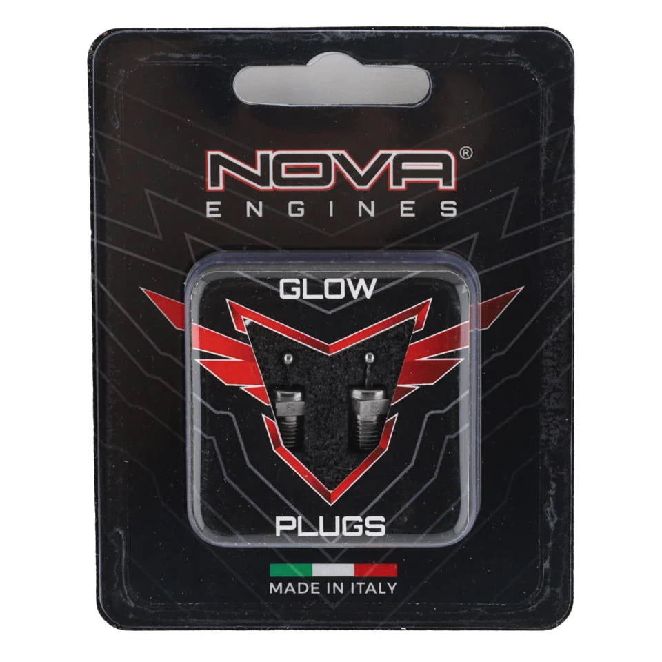 A package of Nova Engines Glow Plugs for remote control cars, made in Italy, with the branding visible on the packaging.