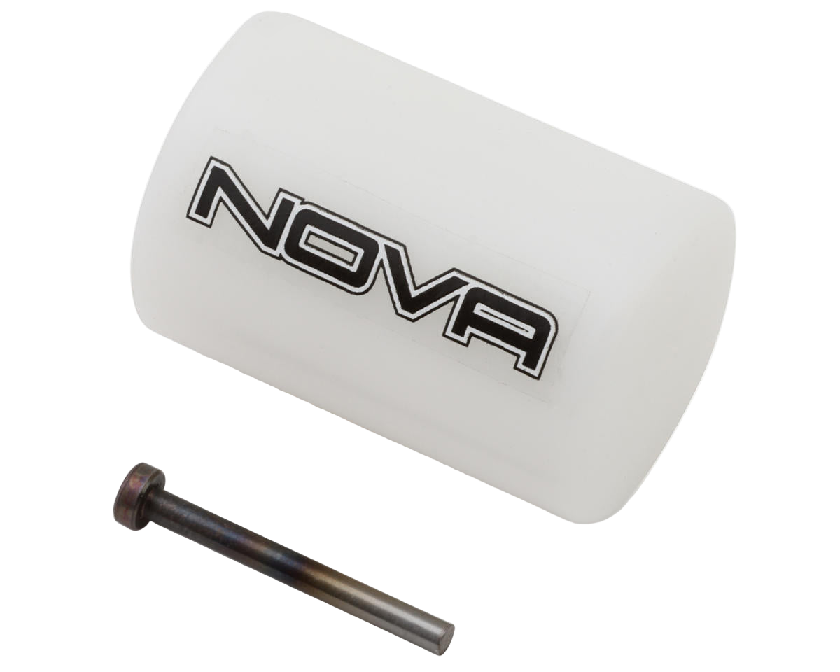 A white Nova Engines piston pin extractor engine tool with an assembly bolt.