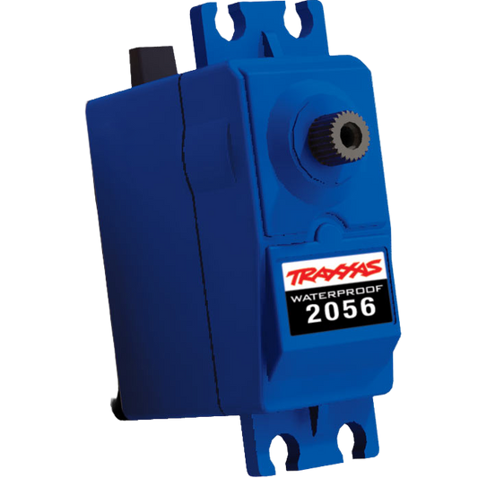 A blue Traxxas waterproof servo motor model 2056 for remote control vehicles.