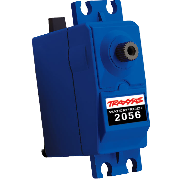 A blue Traxxas waterproof servo motor model 2056 for remote control vehicles.
