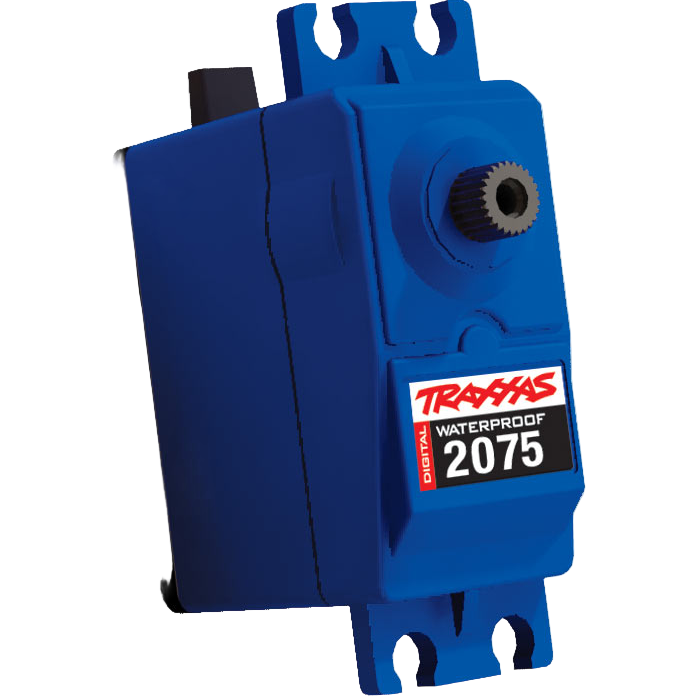 A blue Traxxas waterproof digital servo model 2075 for remote control vehicles.