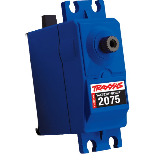 A blue Traxxas waterproof digital servo model 2075 for remote control vehicles.