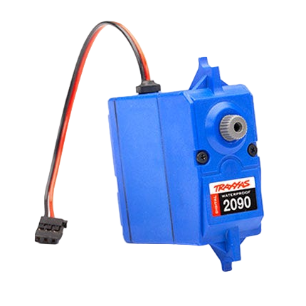 A blue servo motor with a label indicating it is model 2090. It has a black and orange wire coming out of it.