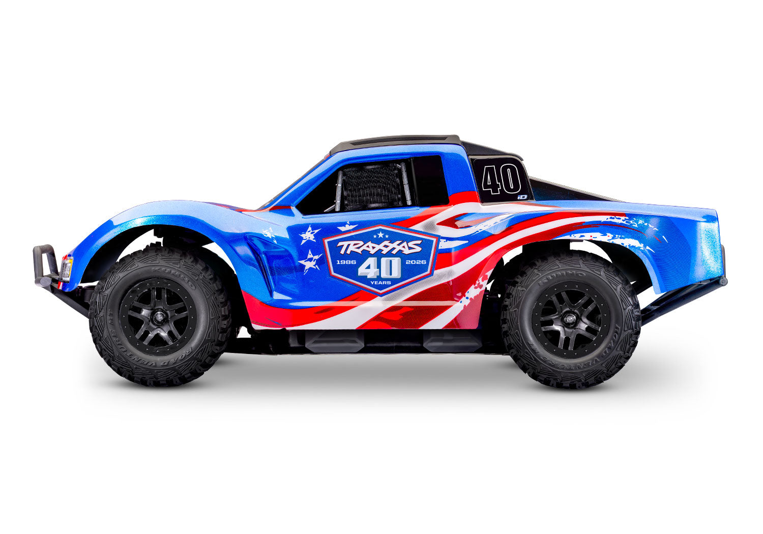 Traxxas model truck with American flag design on a white background