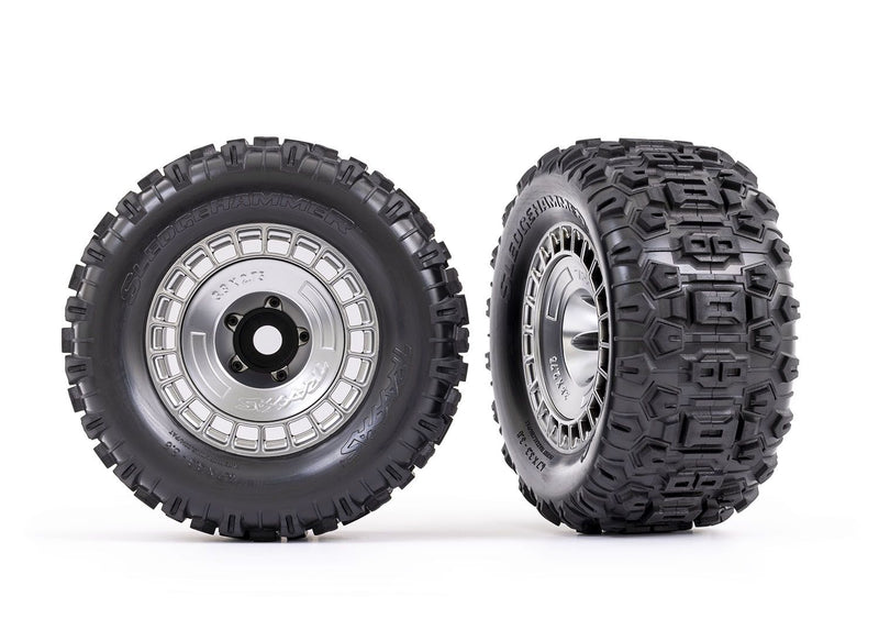 9572X 1/8 Sledgehammer Tires on Satin Chrome wheels (Sledge, E-Revo, etc)