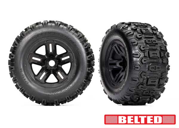 9573 1/8 Belted Sledgehammer Tires on Black wheels (Sledge, E-Revo, etc)