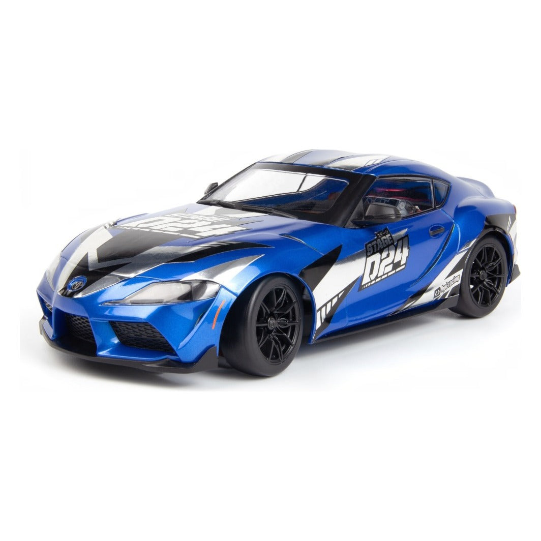 HPI Stage-D24 2024 Toyota GR Supra in Metallic Dawn Blue with the included drift decals applied