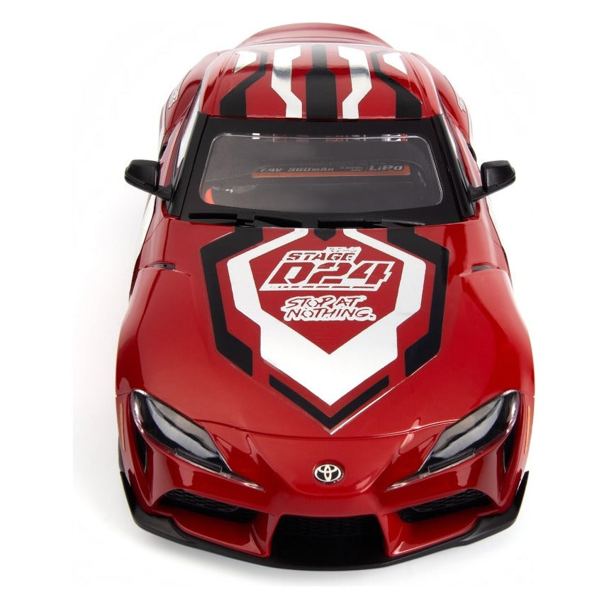 HPI Stage-D24 2024 Toyota GR Supra in Prominence Red with drift decals, top view