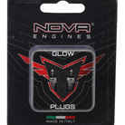 Packaging of Nova Engines No.4 Turbo Off-Road Glow Plugs, containing two glow plugs made in Italy, displayed on a black background with red and silver accents.