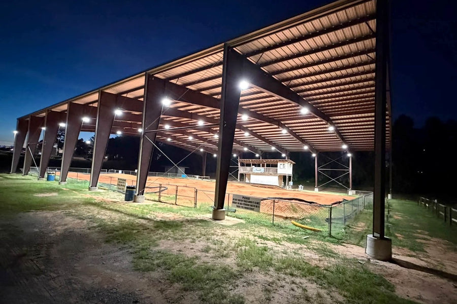B&T RC Raceway at night under its covered roof and lights