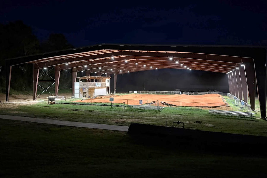 The whole B&T RC Raceway layout at night under the lit roof