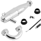 A silver-colored metal exhaust pipe with manifold, accompanied by two black gaskets and mounting springs.