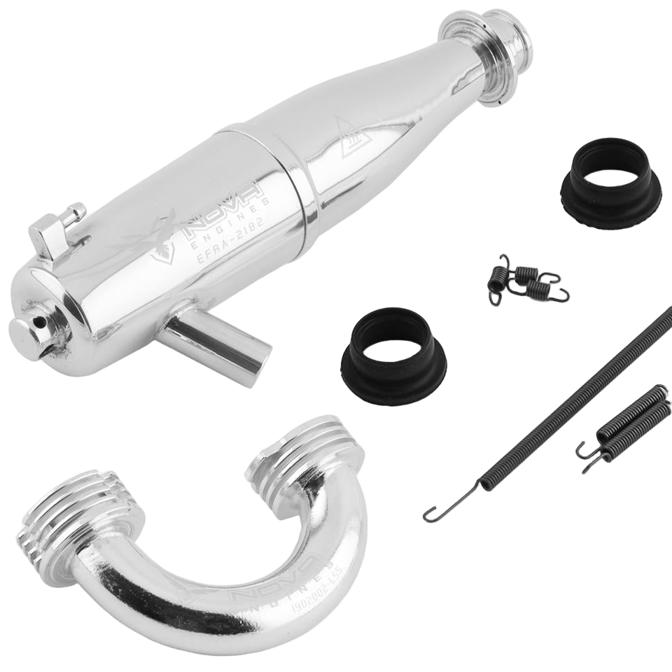 A silver-colored metal exhaust pipe with manifold, accompanied by two black gaskets and mounting springs.