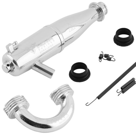 A silver-colored metal exhaust pipe with manifold, accompanied by two black gaskets and mounting springs.