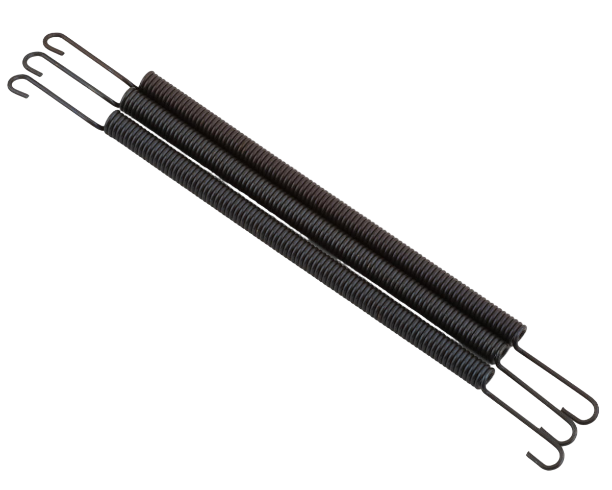 A set of three black metal exhaust header pipe springs with hooks at each end.