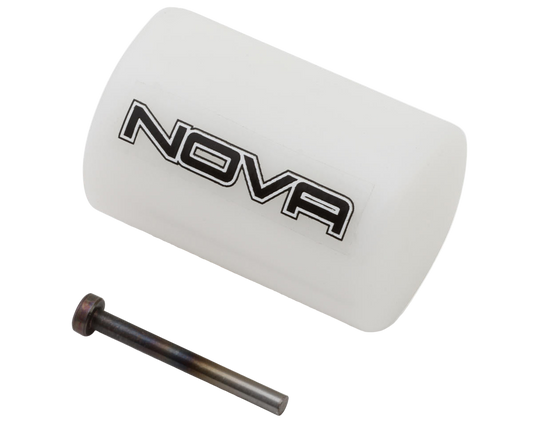 A white Nova Engines piston pin extractor engine tool with an assembly bolt.