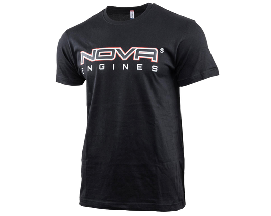 A black short sleeve T-shirt with 'NOVA ENGINES' text printed across the front.