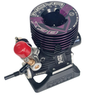 A Nova Engines X3B .21 3-Port Off-Road Nitro Engine with a ceramic bearing, shown disassembled with various parts including a crankcase, carburetor, and shaft.