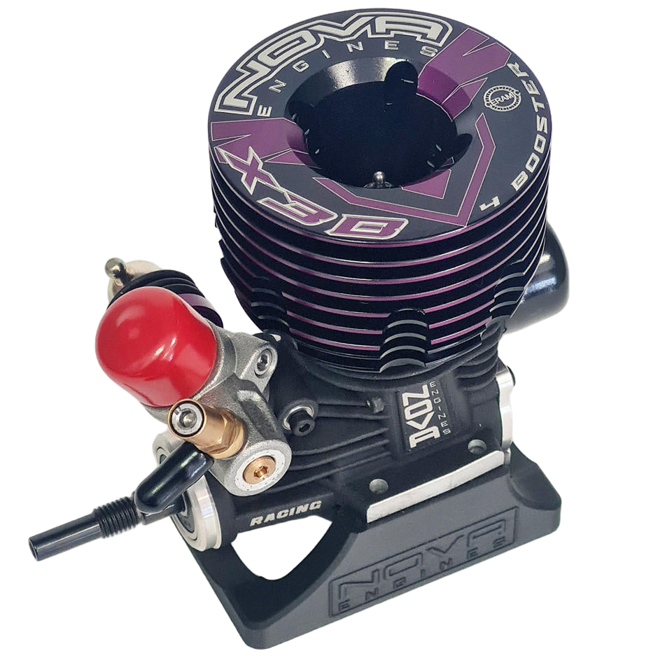 A Nova Engines X3B .21 3-Port Off-Road Nitro Engine with a ceramic bearing, shown disassembled with various parts including a crankcase, carburetor, and shaft.