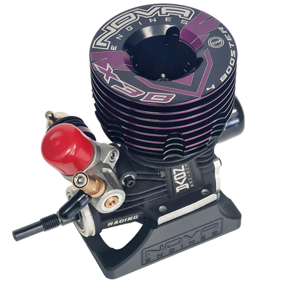 A Nova Engines X3B .21 3-Port Off-Road Nitro Engine with a ceramic bearing, shown disassembled with various parts including a crankcase, carburetor, and shaft.