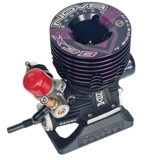 A Nova Engines X3B .21 3-Port Off-Road Nitro Engine with a ceramic bearing, shown disassembled with various parts including a crankcase, carburetor, and shaft.