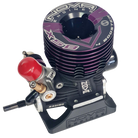 A Nova Engines X5B .21 5-Port Off-Road Nitro Engine with a vacuum high pressure injected crankcase and ceramic bearings, predominantly black with purple accents.