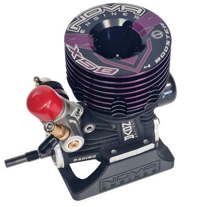 A Nova Engines X5B .21 5-Port Off-Road Nitro Engine with a vacuum high pressure injected crankcase and ceramic bearings, predominantly black with purple accents.