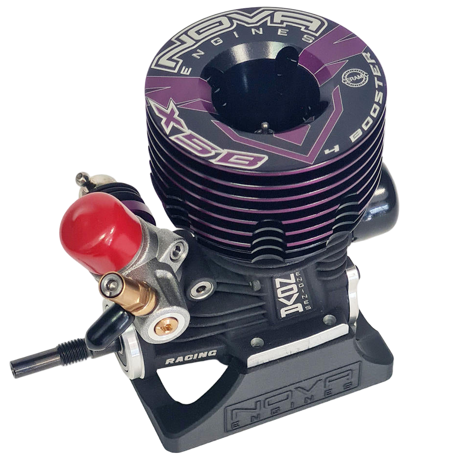 A Nova Engines X5B .21 5-Port Off-Road Nitro Engine with a vacuum high pressure injected crankcase and ceramic bearings, predominantly black with purple accents.