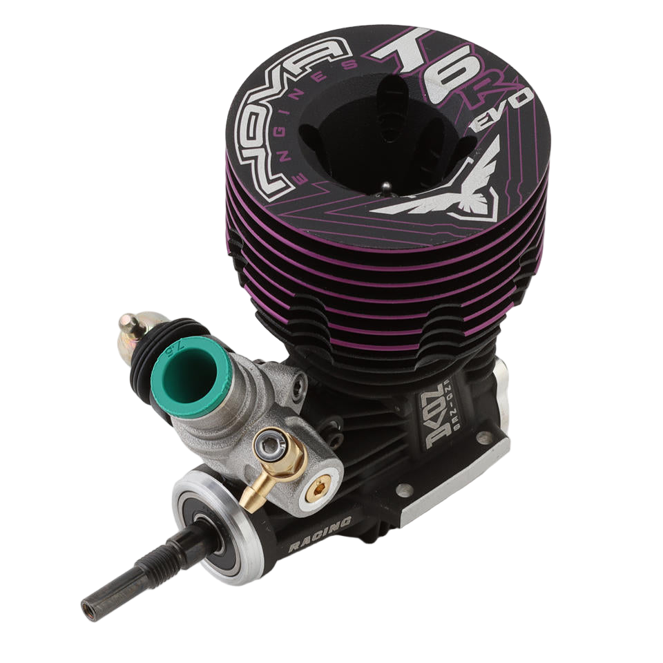 A Nova Engines T6R EVO .24 6-Port Off-Road Nitro Engine with black and pink detailing.