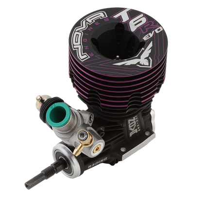 A Nova Engines T6R EVO .24 6-Port Off-Road Nitro Engine with black and pink detailing.