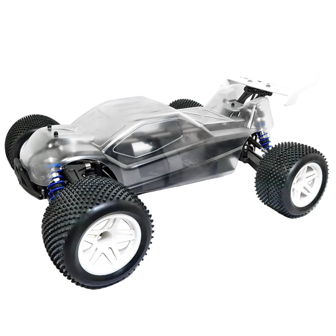 HoBao Hyper TT 1/10 scale electric truggy chassis with clear body and off-road tires.