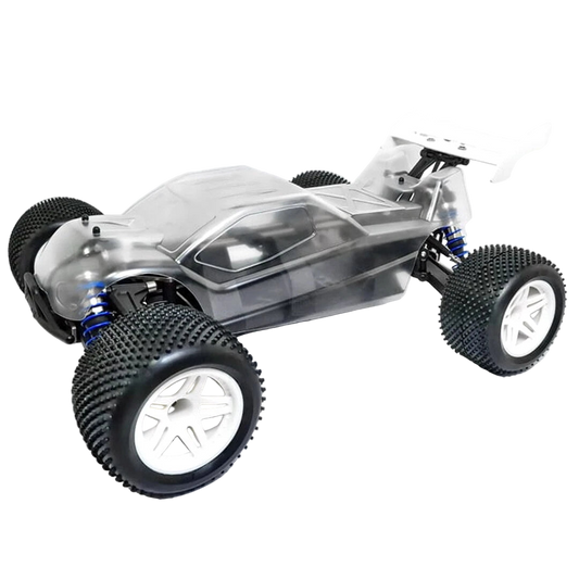 HoBao Hyper TT 1/10 scale electric truggy chassis with clear body and off-road tires.