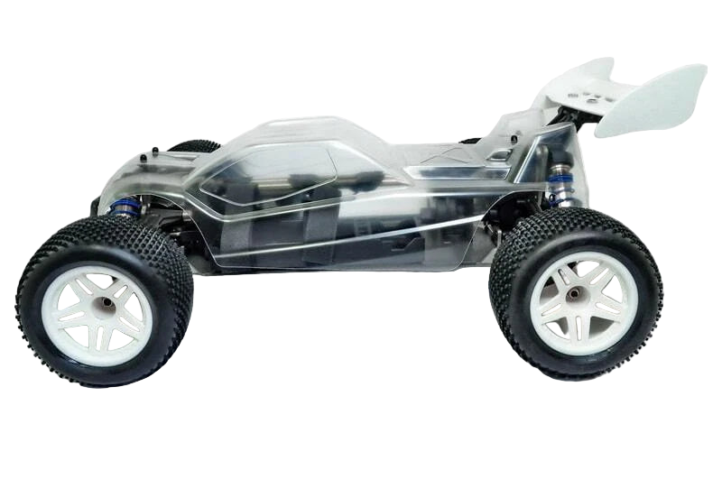 HoBao Hyper TT 1/10 scale electric truggy chassis with clear body and off-road tires.
