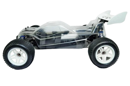 HoBao Hyper TT 1/10 scale electric truggy chassis with clear body and off-road tires.