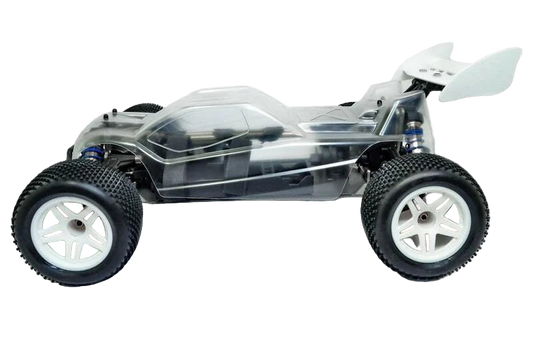 HoBao Hyper TT 1/10 scale electric truggy chassis with clear body and off-road tires.