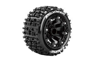 ST-Pioneer 1/16 2.2" Stadium Truck Tires, 12mm Hex, Soft, Mounted on Black Rim, Front/Rear (2)